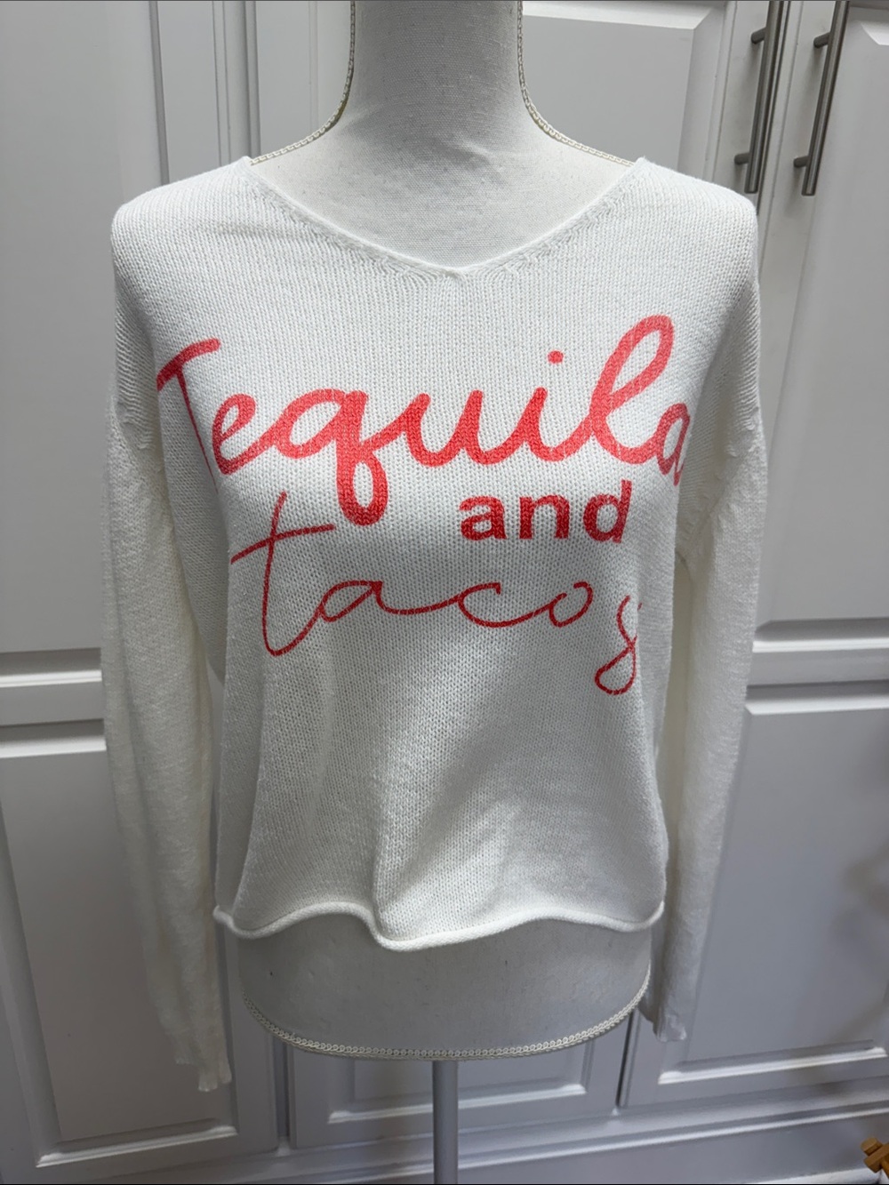 White 'Tequila and Tacos' Knit Sweater - Coral Script